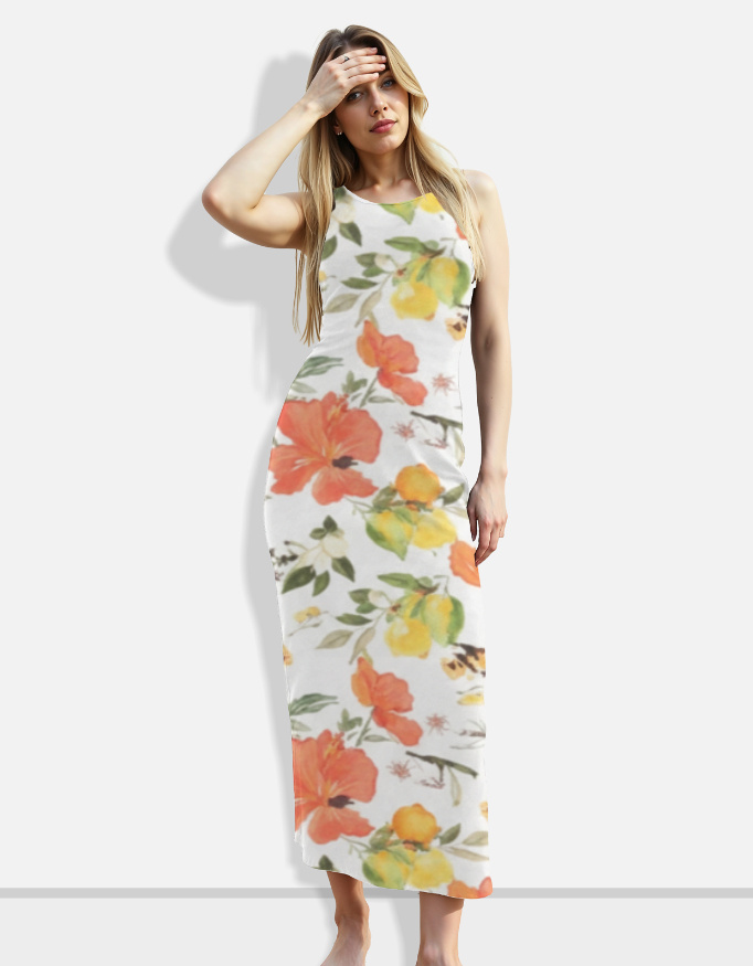Tropical Citrus Flare Bodycon Dress Tangerine Lemon Yellow