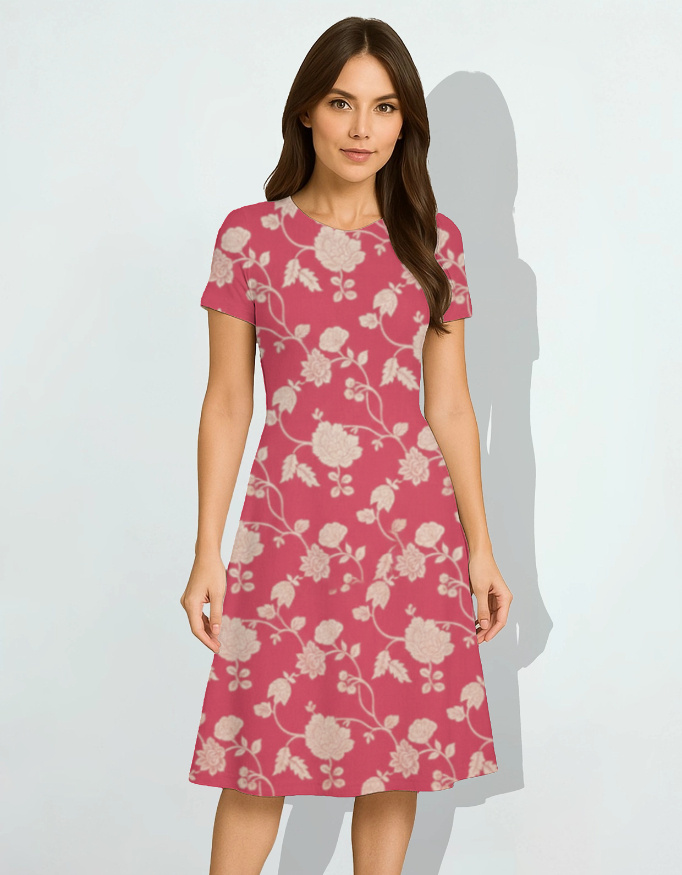 Royal Ruby Red Elegant A line Dress Crimson Vintage Floral